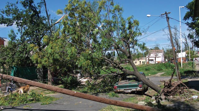 Fallen trees and damaged vehicle as a result of April 2012 tornadoes in the West Zone of Buenos Aires in the Merlo District.