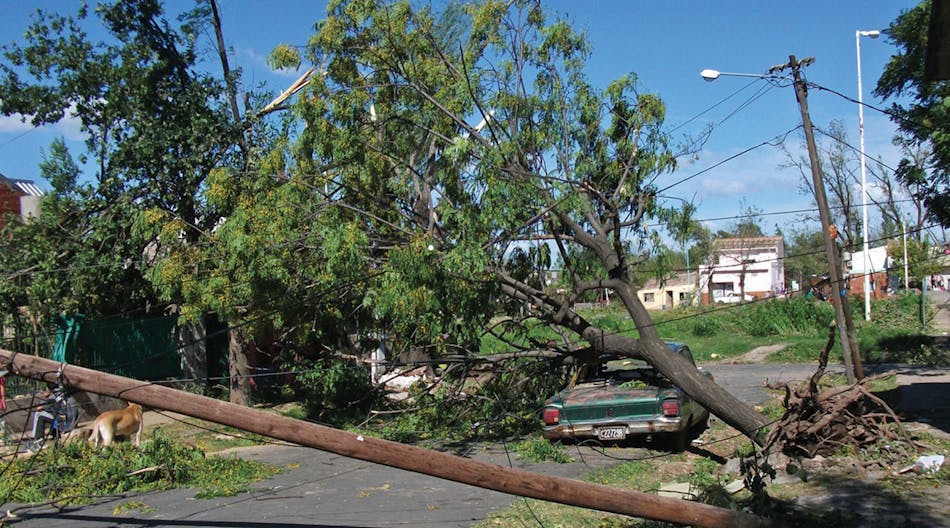 Fallen trees and damaged vehicle as a result of April 2012 tornadoes in the West Zone of Buenos Aires in the Merlo District.