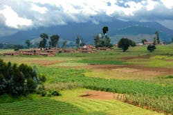 Volcanic cinder cones and farming in rich volcanic soils overlooking former AUCA campus Mudende Rwanda abandoned and derelict buildings left after the genocide. In the background are clouds roiling over Nyiragongo Volcano in the Democratic Republic of Congo across the border from Rwanda. Volcanic cinder cones and farming in rich volcanic soils overlooking former AUCA campus Mudende Rwanda abandoned and derelict buildings left after the genocide. In the background are clouds roiling over Nyiragongo Volcano in the Democratic Republic of Congo across the border from Rwanda.