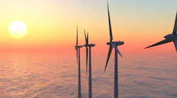 Computer generated 3D illustration with offshore wind turbines at sunset
