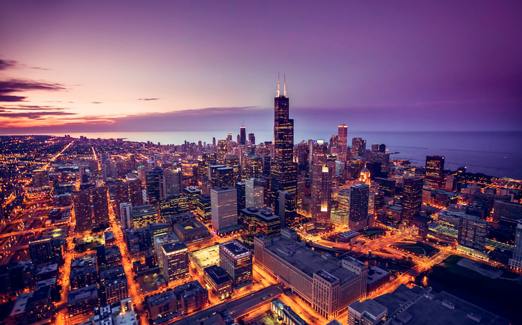 Chicago skyline aerial view at dusk, United States