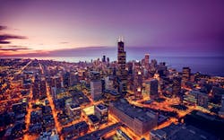 Chicago skyline aerial view at dusk, United States Chicago skyline aerial view at dusk, United States