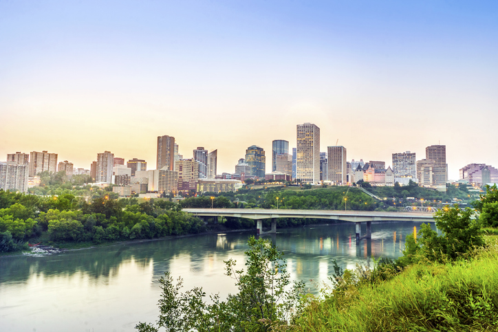 Edmonton downtown from riverbank after sunset, alberta, Canada
