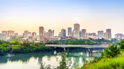 Edmonton downtown from riverbank after sunset, alberta, Canada