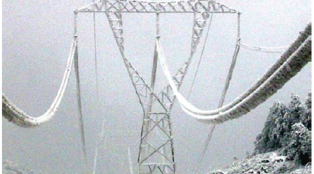 Ice accretion on high voltage power lines.