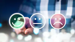 Business man giving rating and review with happy, neutral or sad face icons. Customer satisfaction and service quality survey. Modern abstract feedback concept.