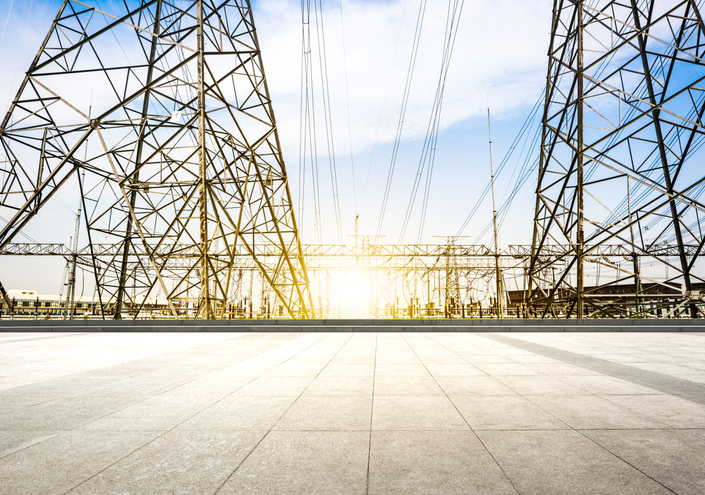 Substation equipment and dense lines, blue tone map.