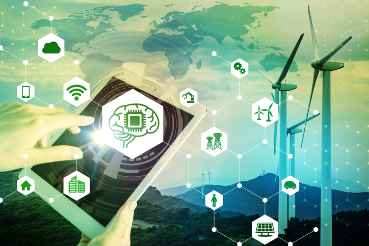 AI (Artificial Intelligence) and smart energy. Abstract mixed media.