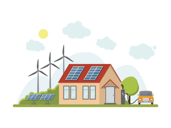 Cartoon Eco Energy Home Exterior Facade Renewable Resources Of Nature Flat Design Style. Vector illustration