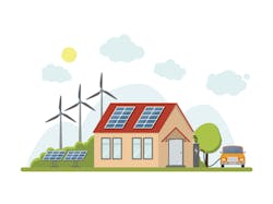 Cartoon Eco Energy Home Exterior Facade Renewable Resources Of Nature Flat Design Style. Vector illustration Cartoon Eco Energy Home Exterior Facade Renewable Resources Of Nature Flat Design Style. Vector illustration