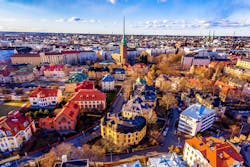 An aerial view of Helsinki city captured from a drone showing the colorful skyline An aerial view of Helsinki city captured from a drone showing the colorful skyline