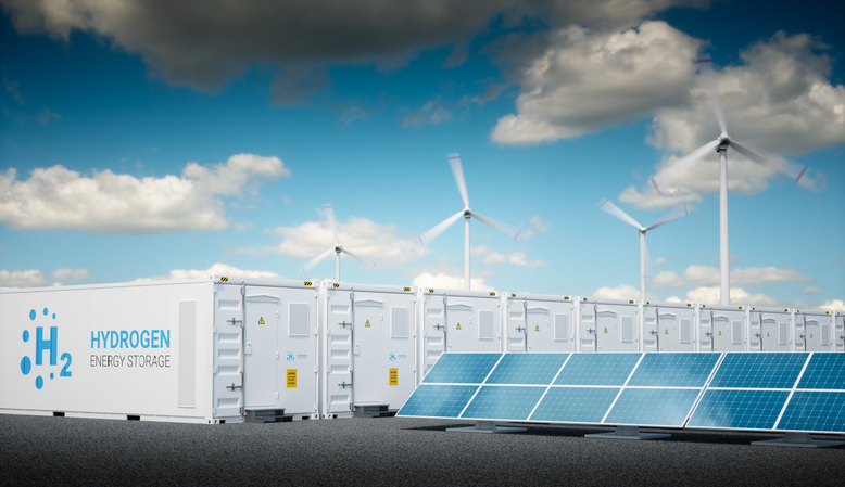 A 3D render of hydrogen energy storage with renewable energy sources &mdash; photovoltaic and wind turbine power plant farm
