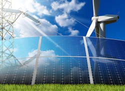 Solar panels with a wind turbine and a power line against a blue sky with clouds and sun rays Solar panels with a wind turbine and a power line against a blue sky with clouds and sun rays