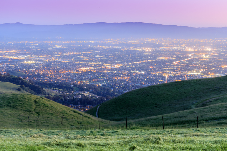 View of a brightly lit Santa Clara, California, skyline