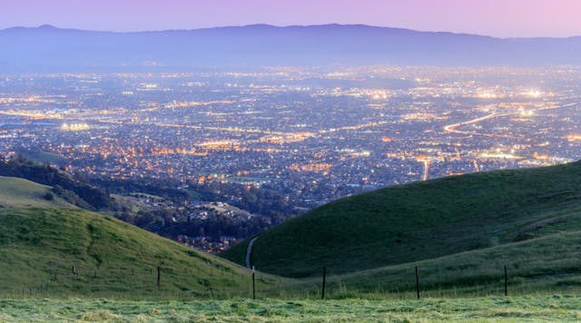 View of a brightly lit Santa Clara, California, skyline