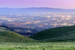 View of a brightly lit Santa Clara, California, skyline View of a brightly lit Santa Clara, California, skyline