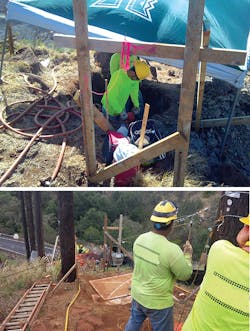 Crews hand-dig foundations and transport debris with a hand line and bucket Crews hand-dig foundations and transport debris with a hand line and bucket