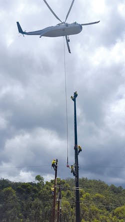 Sikorsky helicopter aiding construction of new 138-kV structure in a remote area Sikorsky helicopter aiding construction of new 138-kV structure in a remote area