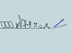 Drawing of renewable power system with wind turbine, transmission tower, house and electric vehicle Drawing of renewable power system with wind turbine, transmission tower, house and electric vehicle