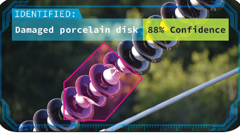 Graphical depiction of a damaged high-voltage disk insulator being assessed by AI.