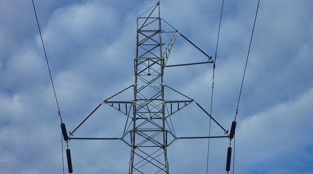 Refurbished transmission line showing replacement akimbo crossarms.