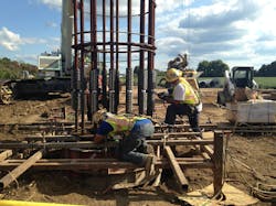 Installation of non-staggered splices on full-depth anchor bolt cage Installation of non-staggered splices on full-depth anchor bolt cage