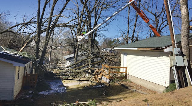 Some outages are hard to predict based only on tree trimming cycle lengths. On March 6, 2017, the earliest confirmed tornados in Minnesota history touched down, causing tree and pole damage on the Connexus Energy system near the town of Zimmerman. This was immediately followed by about 6 inches of snow, subfreezing temperatures and 30-mph winds with even larger gusts, making damage removal difficult at first for this Asplundh lift crew assisting with power restoration.