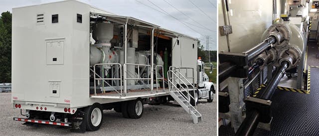 With the butterfly doors open on the 115-kV mobile GIS trailer, the GIS breaker, disconnects and ground switches can be seen. In this trailer, the 115-kV cable is not installed in this picture. However, the photo on the right shows 115-kV cables inside another 115-kV mobile GIS trailer.