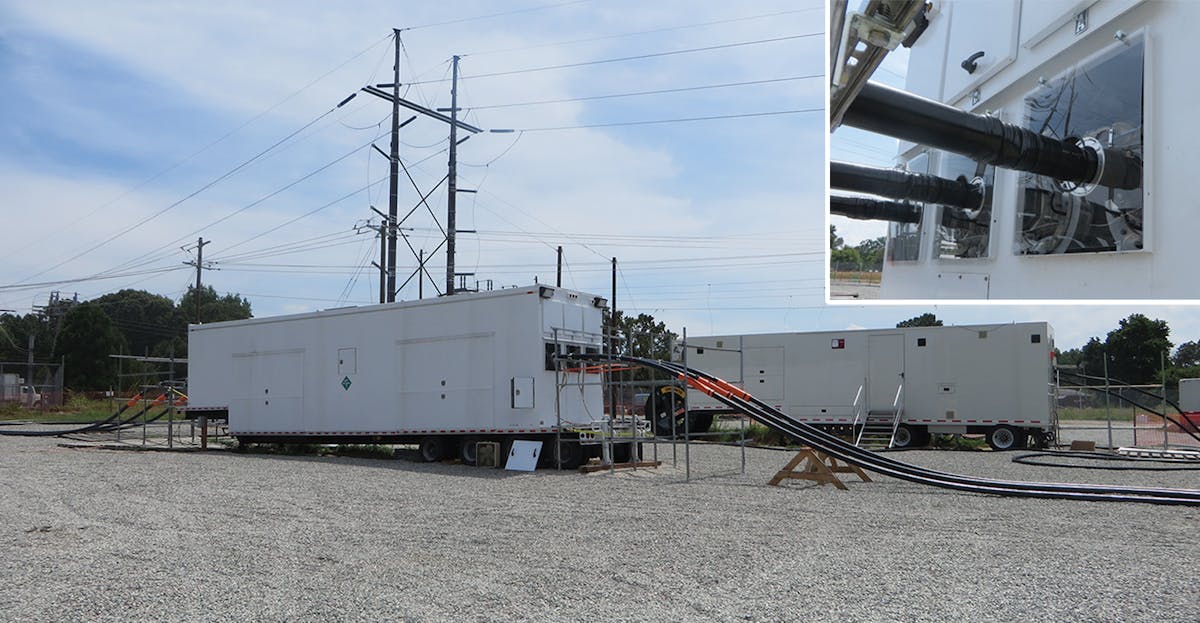 The 230-kV cables in the foreground are going into the 230-kV mobile GIS trailer, while the 115-kV cables in the background are going into the 115-kV mobile GIS trailer. The inset shows the covers Dominion Energy designed to keep animals and other elements out of the 230-kV mobile GIS trailer.