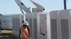 Workers survey construction of the Browns Valley energy storage system. PG&amp;E worked closely with Cupertino Electric, an electrical engineering and construction company headquartered in San Jose, California, on the design and installation of the facility, which is colocated with PG&amp;E&rsquo;s Browns Valley substation.