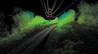 A digital twin of transmission corridors shows encroaching vegetation and ROW floor topography.