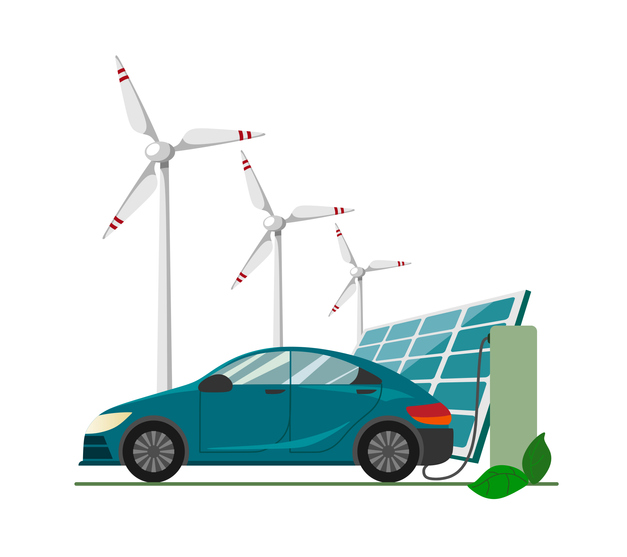 Wind turbines, solar panels and an electric vehicle being charged