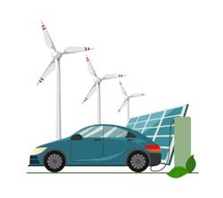 Wind turbines, solar panels and an electric vehicle being charged Wind turbines, solar panels and an electric vehicle being charged