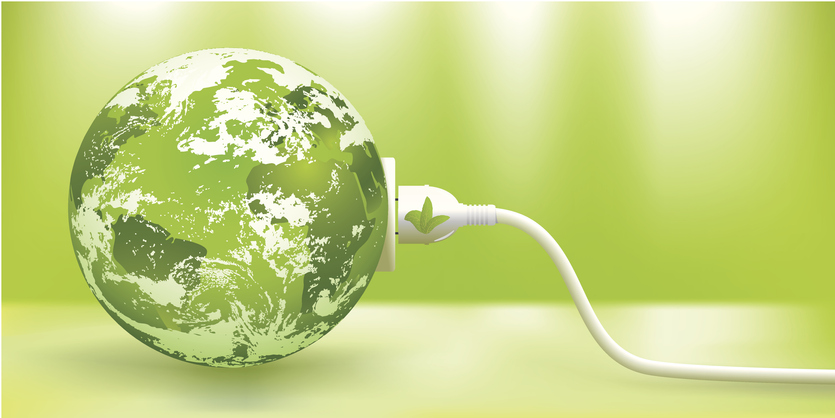 A green globe being charged signifying energy efficiency