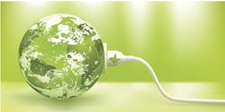A green globe being charged signifying energy efficiency A green globe being charged signifying energy efficiency