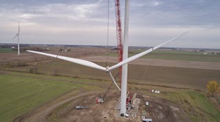 Crews move wind turbines into place in late 2017 that will help power the second phase of Cross Winds Energy Park in Michigan&apos;s Thumb.