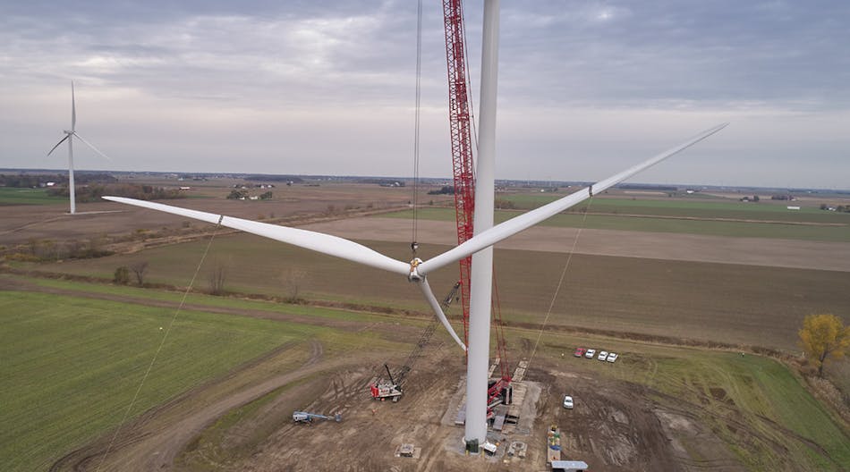 Crews move wind turbines into place in late 2017 that will help power the second phase of Cross Winds Energy Park in Michigan&apos;s Thumb.