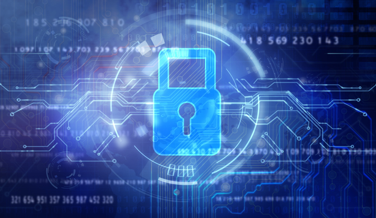 Hologram of a lock on the background of waves of data