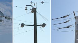 Traditional standard devices to prevent roosting and nesting of storks. From left to right: umbrella plus wind turbine, symmetric chevron plus 45-degree plates, double umbrella, bare conductors and tension clamp covers plus covered conductors (jumpers), and dedicated pole with platform.