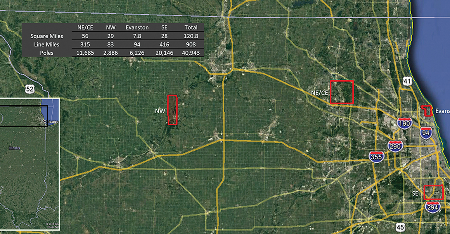 An overview map showing the four pilot zones used for ComEd&rsquo;s LiDAR Pilot