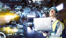 A man with a laptop examining data on futuristic hologram A man with a laptop examining data on futuristic hologram