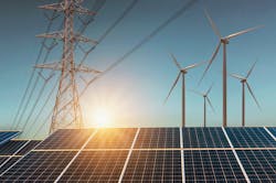 Solar panels, wind turbines, electric transmission tower and overhead lines Solar panels, wind turbines, electric transmission tower and overhead lines