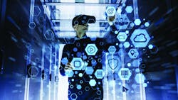 Man wearing virtual reality headset working with data Man wearing virtual reality headset working with data