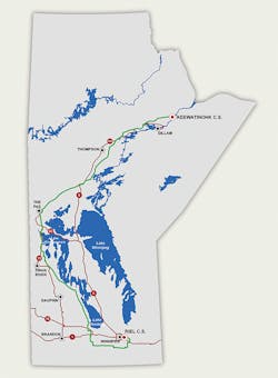 Map of Manitoba. Bipole III HVDC transmission line (green) traverses between Riel converter station and Keewatinohk converter station. Highways shown in red for reference.
