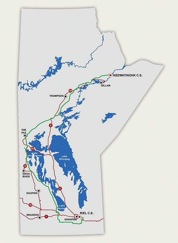 Map of Manitoba. Bipole III HVDC transmission line (green) traverses between Riel converter station and Keewatinohk converter station. Highways shown in red for reference.