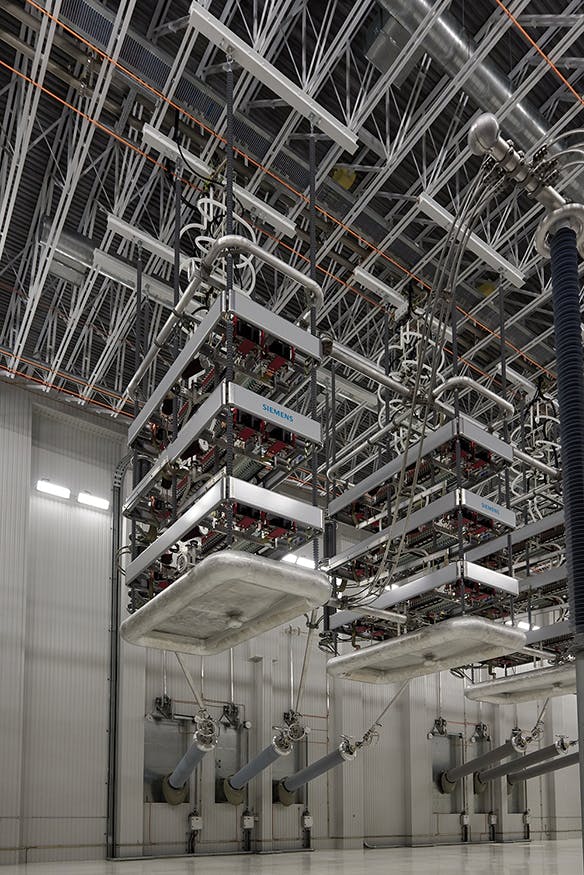Inside one of the high-voltage converter valve halls at Keewatinohk converter station.