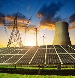 Solar panels, wind turbines, electric transmission tower, overhead lines and a power plant chimney Solar panels, wind turbines, electric transmission tower, overhead lines and a power plant chimney