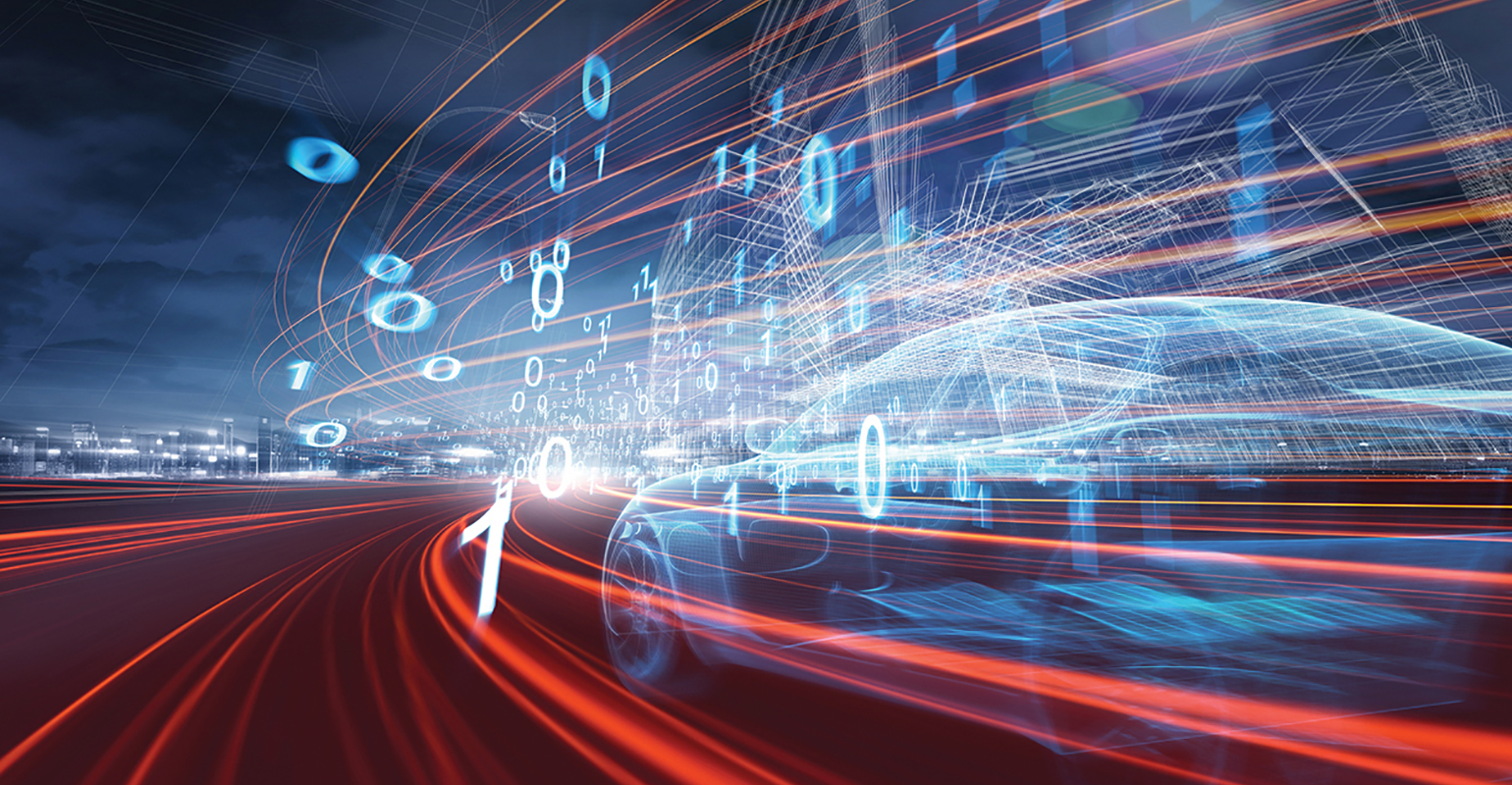 A holographic image of a car on the road with a range of binary digits