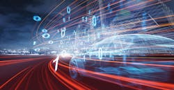 A holographic image of a car on the road with a range of binary digits A holographic image of a car on the road with a range of binary digits