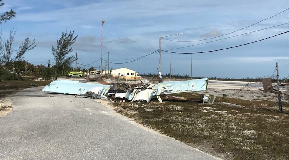 Debris left by Hurricane Dorian litters Grand Bahama International Airport in Freeport, on September 4, 2019. - Dorian churned towards the U.S. on Wednesday after leaving seven dead in the Bahamas, where the prime minister said terrified residents had endured &apos;days of horror&apos; at the hands of the monster storm.